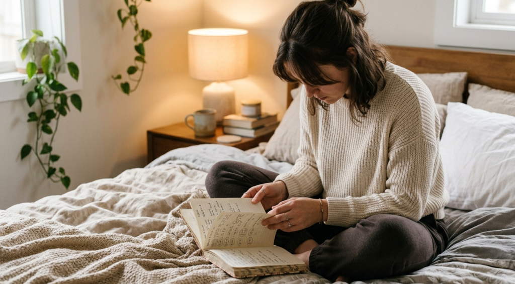 A woman tracking her menstrual cycle in a journal wondering why her period is late, how to get periods immediately