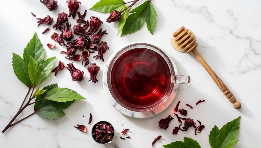 A glass cup of health benefits of hibiscus tea surrounded by dried hibiscus flowers and fresh green leaves on a white marble surface — natural light, editorial food photography.