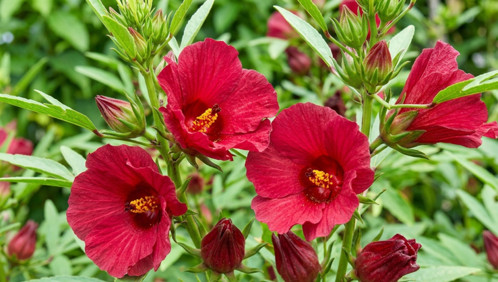 Close-up of fresh red Hibiscus sabdariffa flowers blooming on a green plant — the source of health benefits of hibiscus tea, ,including antioxidants and heart support.