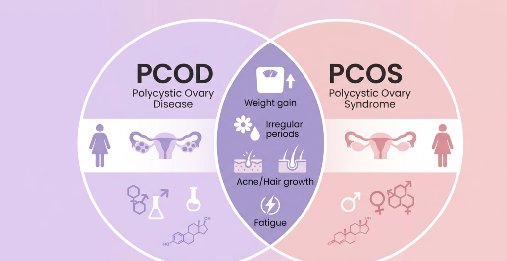 difference between pcos and pcod illustrated diagram showing polycystic ovarian disease vs polycystic ovary syndrome comparison infographic for women's health