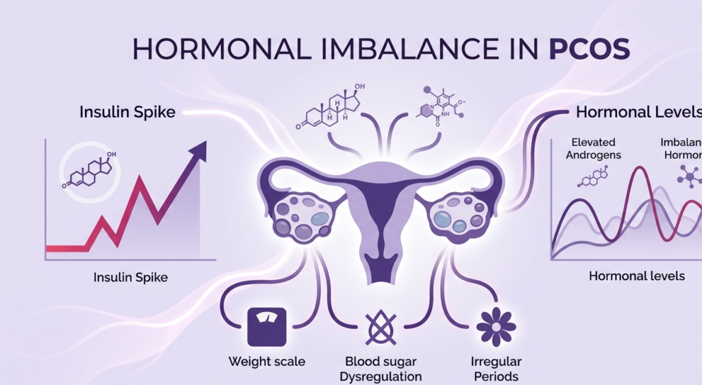 pcos polycystic ovary syndrome hormonal imbalance and insulin resistance illustration