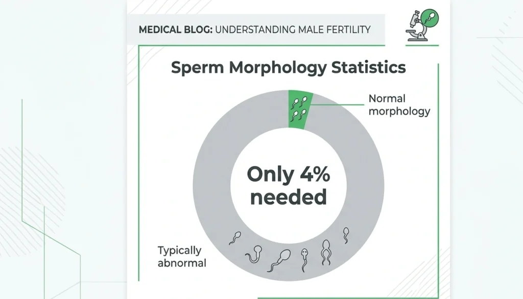 Donut chart illustrating that only 4% of sperm need to have normal morphology for fertility. The green segment represents the 4% normal threshold per WHO Kruger strict criteria. The grey segment shows the typical 96% that may be abnormal. Title reads: Only 4% needed."
