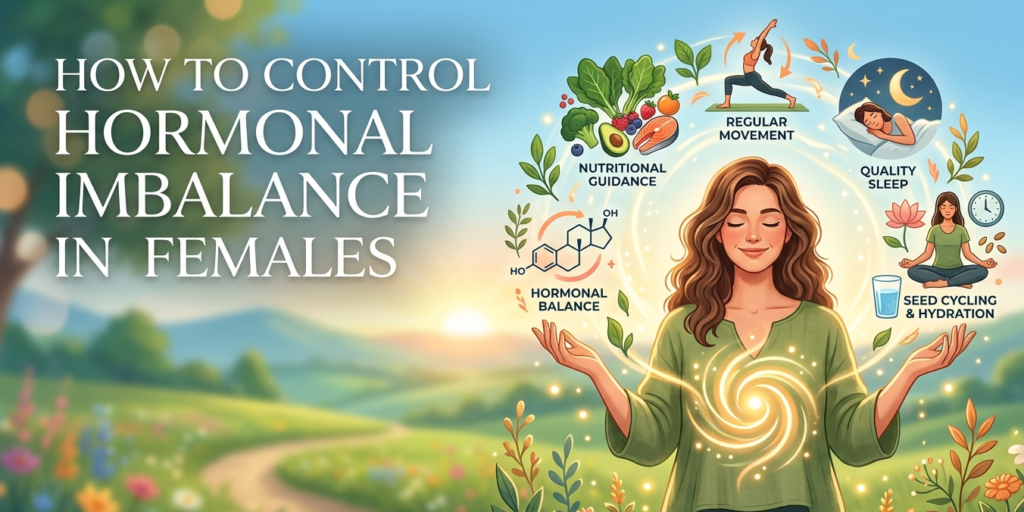 "An infographic titled 'How to Control Hormonal Imbalance in Females,' with a woman at the center. Around her are labeled illustrations: 'Hormonal Balance' (with a chemical structure), 'Nutritional Guidance' (vegetables), 'Regular Movement' (yoga pose), 'Quality Sleep' (sleeping figure), and 'Seed Cycling & Hydration' (meditation and a water glass)."