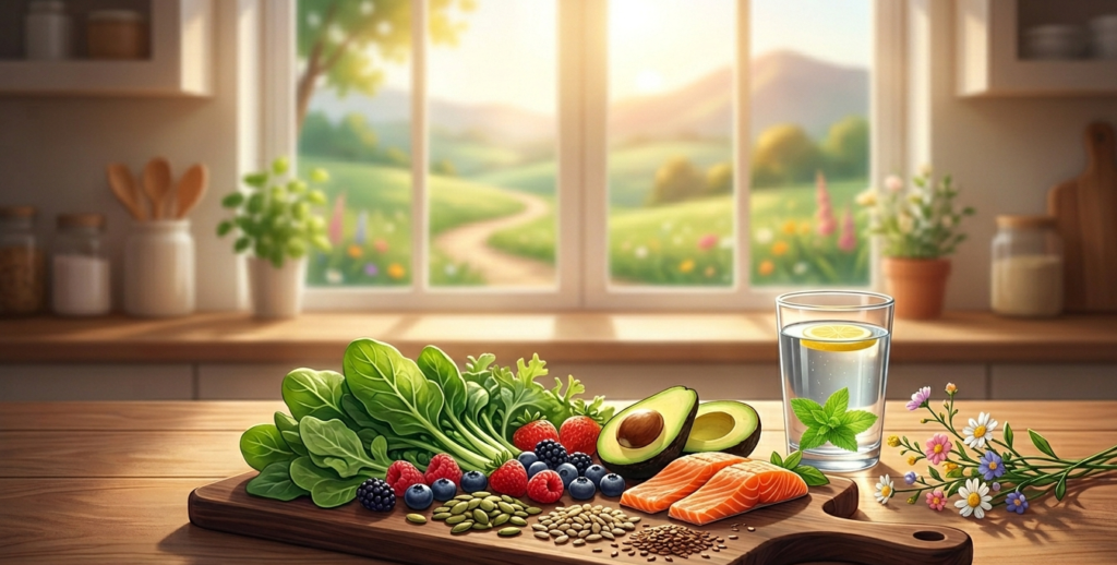 how to control hormonal imbalance in females 
 Fresh salmon, avocado, greens, berries, and seeds on a cutting board in a sunlit kitchen."
