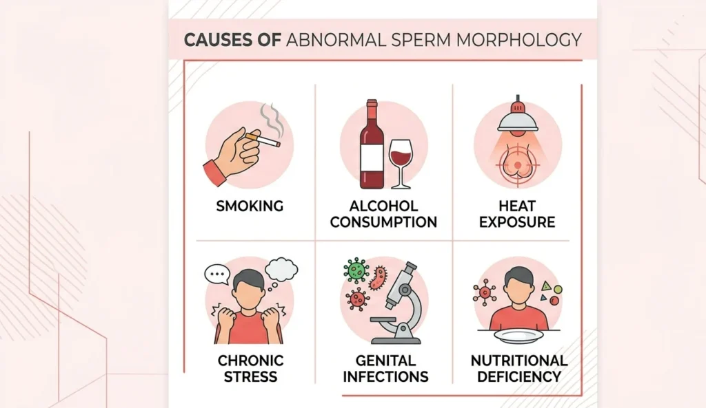 sperm morphology normal range ,Infographic showing six common causes of abnormal sperm morphology: smoking, alcohol consumption, heat exposure, stress, infections, and nutritional deficiencies. Each cause is represented by a simple flat icon with a label, arranged in a grid layout."