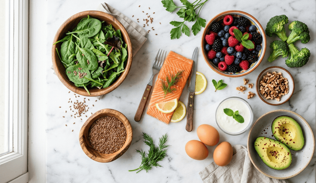Foods that balance hormones in females — flat-lay of salmon, avocado, flaxseeds, berries, broccoli, eggs, and leafy greens on a white marble surface