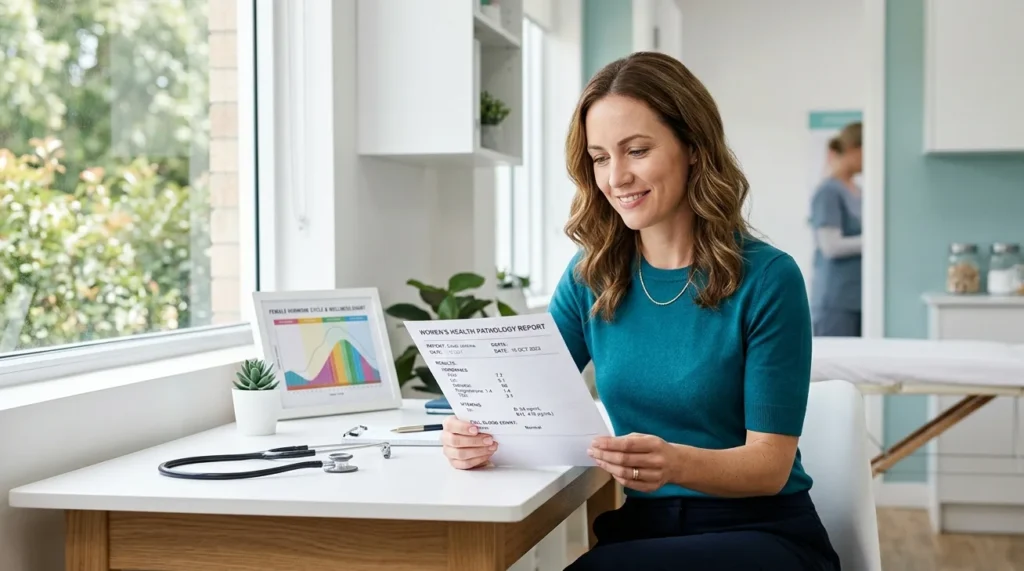 Hormone test for women – a woman reviewing her hormone blood test results at a medical clinic