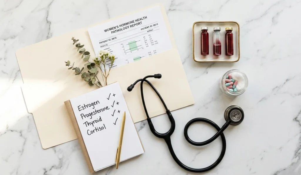 Types of hormone tests for women – hormone test report with blood vials and medical notes on a white surface
