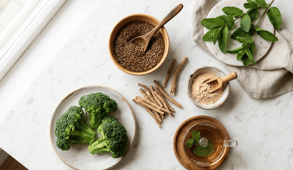 Natural remedies for hormonal imbalance in females including herbs, flaxseeds, and herbal tea on marble surface