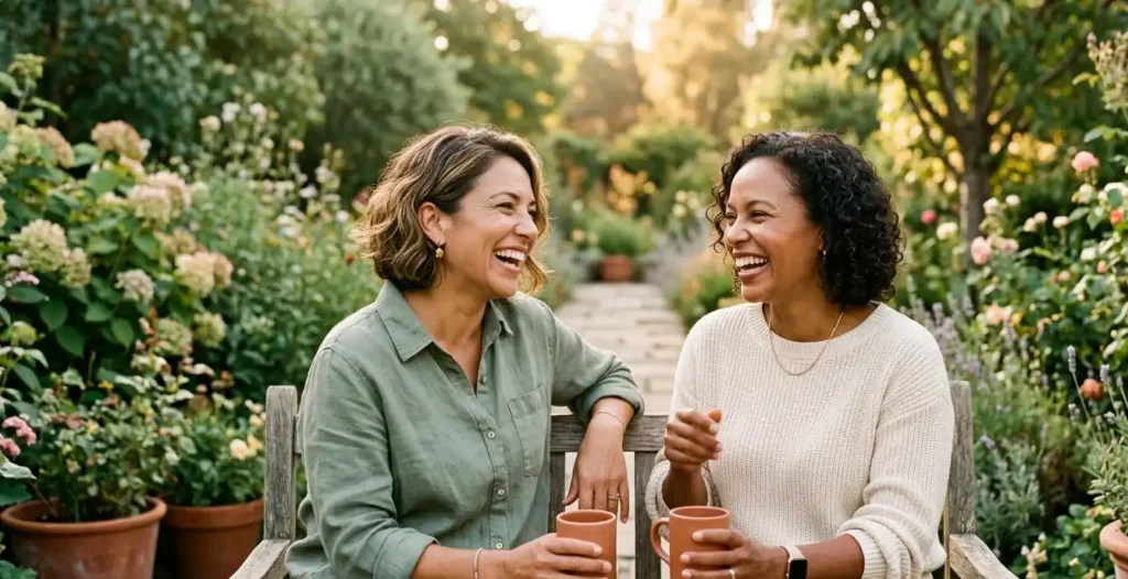 Two women in their 40s enjoying a healthy lifestyle outdoors, symbolizing awareness and management of low estrogen symptoms in women