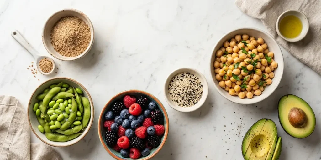 Natural foods that help how increase estrogen naturally, including flaxseeds, soy, berries, and avocado on a marble surface