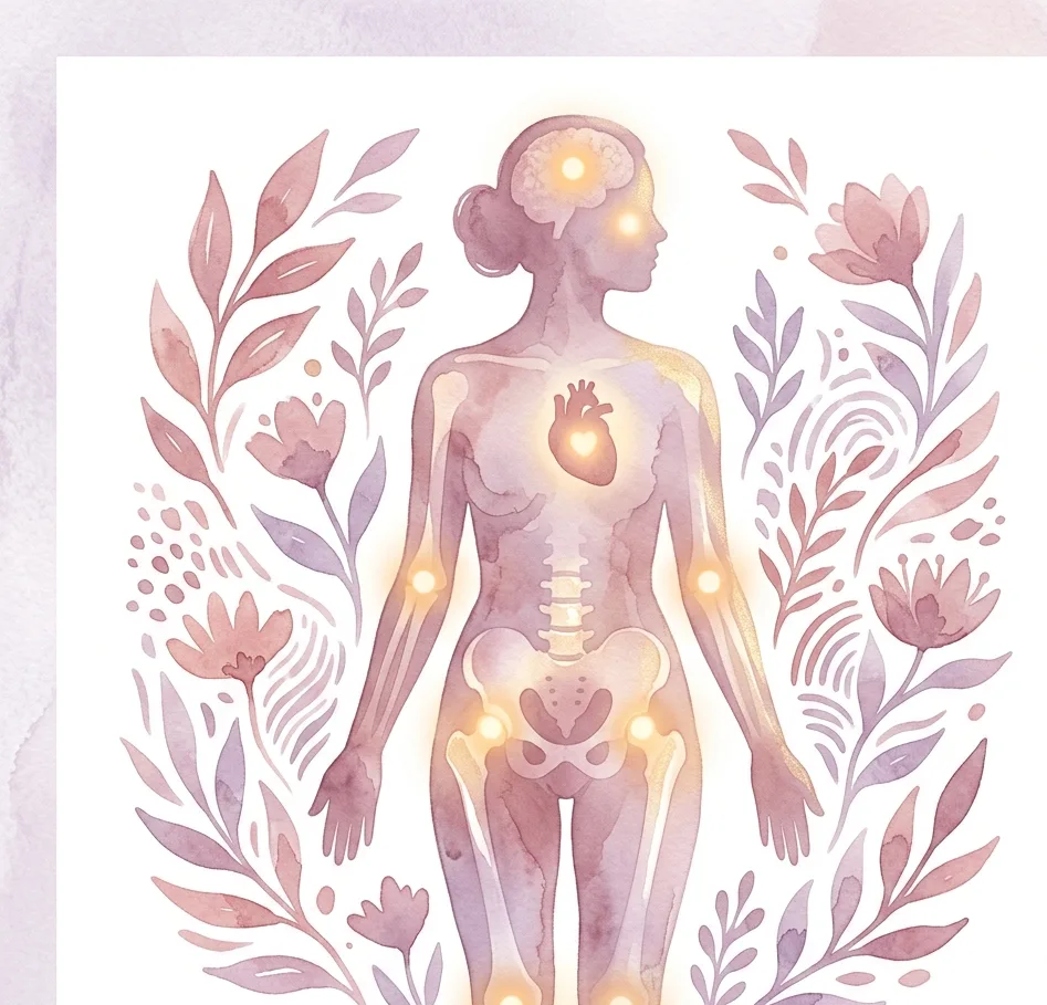 Illustration showing areas of the body affected by low estrogen symptoms in women including brain, joints, bones, heart, and skin.