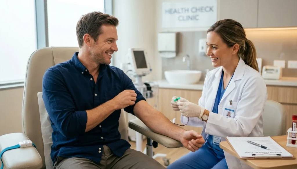 Man getting a male hormone test at a medical clinic with a doctor drawing blood