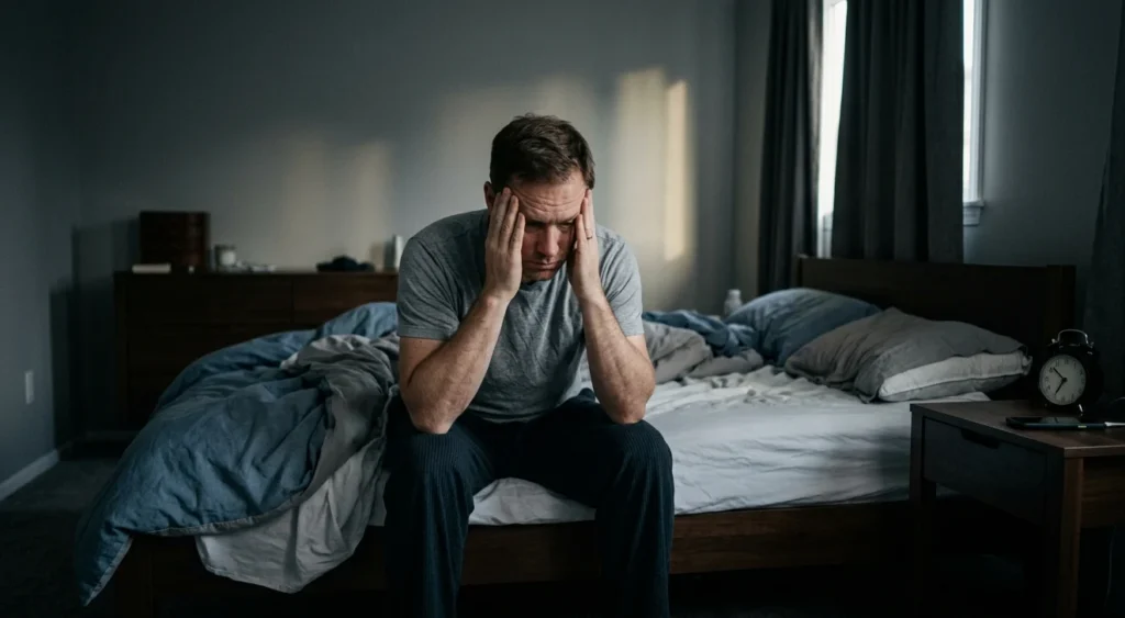Tired man experiencing low testosterone symptoms sitting on bed — signs you need a male hormone test