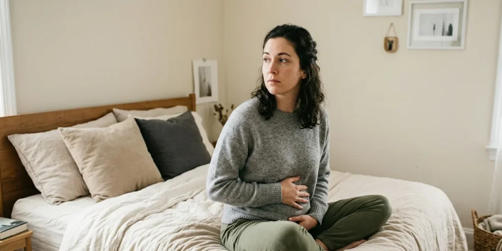 how to increase progesterone , Woman experiencing symptoms of low progesterone such as cramps and hormonal imbalance