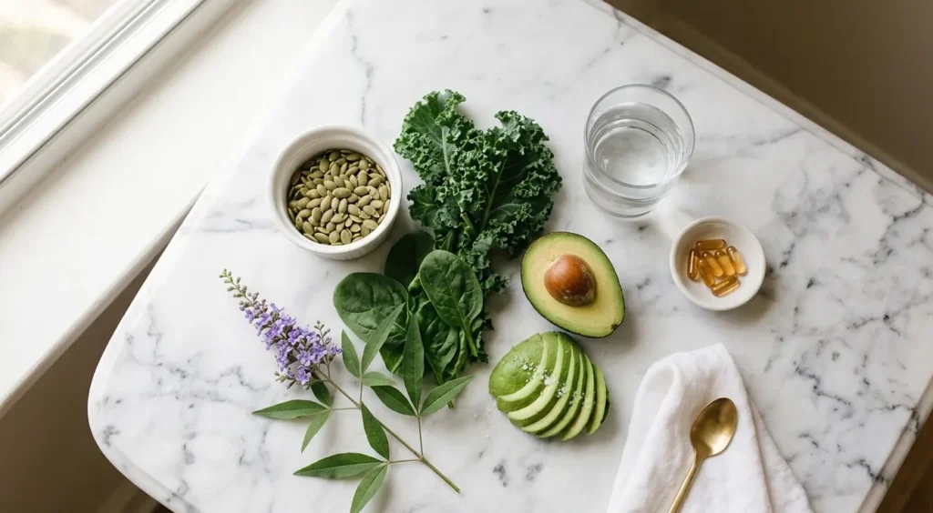Natural foods and supplements that help increase progesterone naturally, including pumpkin seeds, avocado, and leafy greens on a marble surface.
