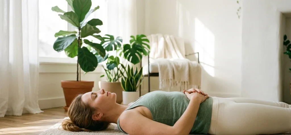 Woman practicing deep breathing and stress reduction exercises , how to  increase progesterone naturally ,support health