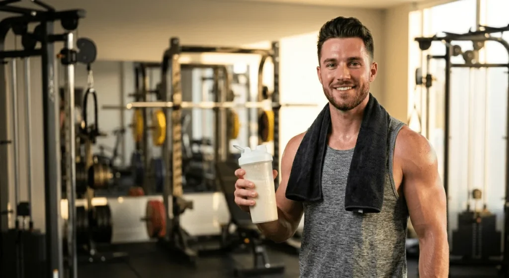 Athlete drinking whey protein concentrate shake after workout in gym for muscle recovery