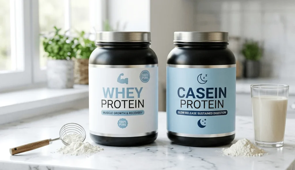 Casein protein vs whey protein supplements side by side on marble surface with measuring scoop and milk