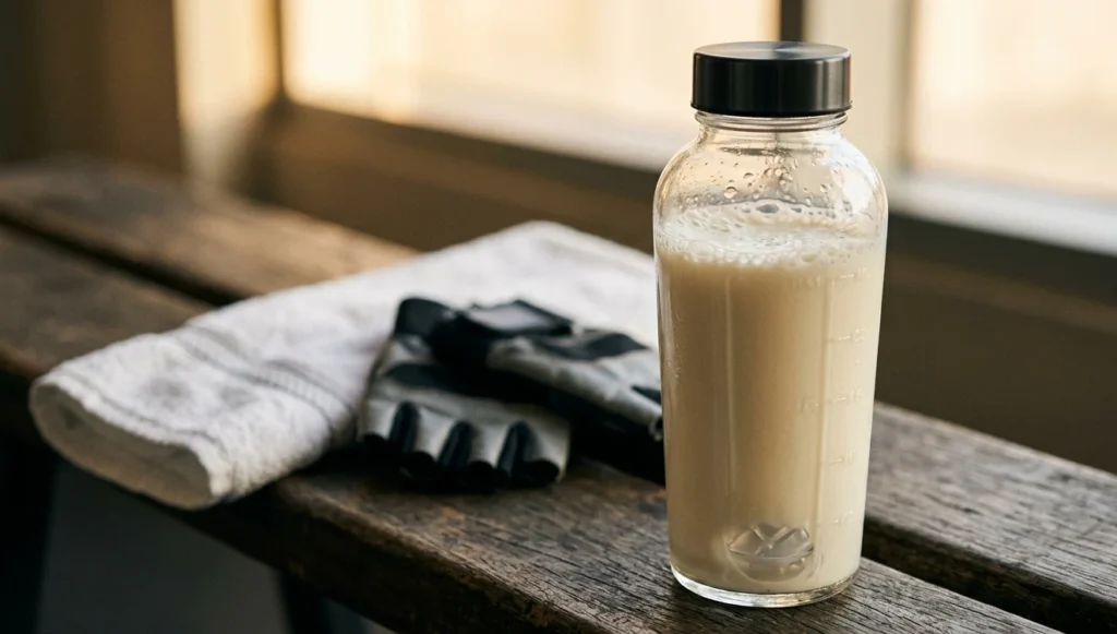 casein protein vs whey protein ,Clear shaker bottle filled with whey protein shake on a gym bench with towel and gloves