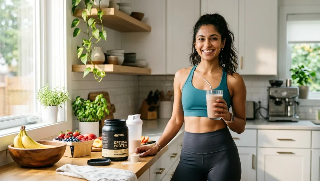 Woman preparing protein powder shake for weight loss in a bright kitchen