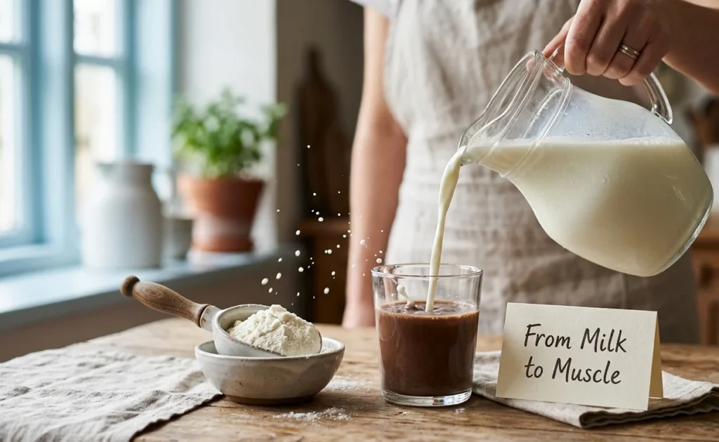 Whey protein isolate sourced from fresh milk — showing the natural dairy origin of whey protein supplement