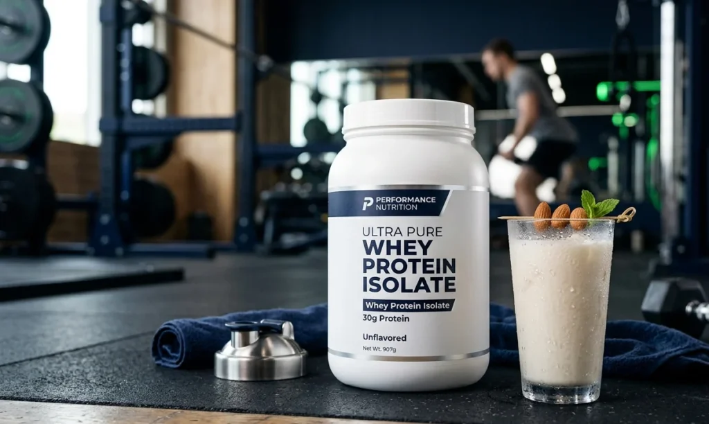 Naturaltein Whey Protein Isolate container with a protein shake glass on a gym surface — clean natural supplement for muscle recovery and lean gains