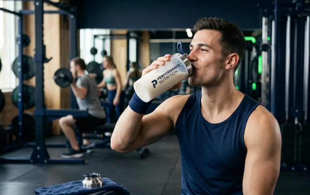 Athlete drinking Naturaltein Whey Protein Isolate post-workout shake for muscle recovery and lean muscle growth