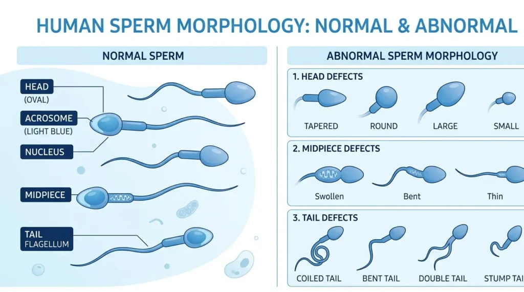 Medical illustration comparing normal and abnormal human sperm morphology, showing differences in head shape, midpiece, and tail structure relevant to male fertility assessment.