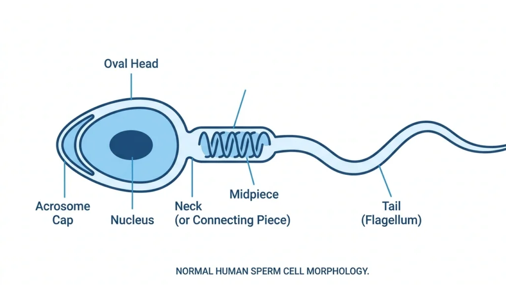  sperm morphology ,Labeled diagram of a normal human sperm cell showing the head, midpiece, and tail structure used in morphology assessment.