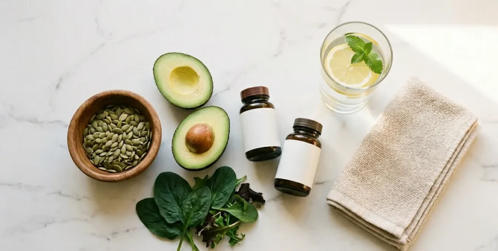 how to improve sperm morphology ,A top-down flat-lay of fertility-supporting foods and supplements including pumpkin seeds, avocado, spinach, and vitamins, representing natural ways to improve sperm morphology through diet and lifestyle