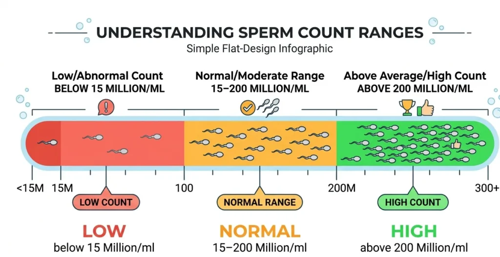 normal sperm count to get pregnant, Infographic showing sperm count ranges from low to normal to high, measured in millions per milliliter.