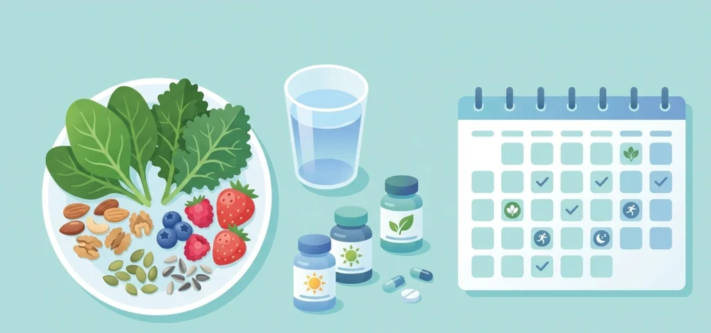 A wellness flat-lay featuring nutrient-rich foods including leafy greens, nuts, seeds, and berries alongside supplements and a water glass, representing lifestyle factors that support healthy how to improve sperm morphology