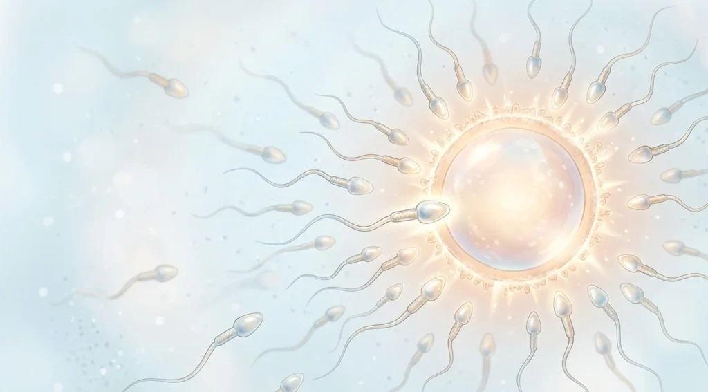 Close-up illustration of healthy sperm cells swimming toward an egg cell, representing male fertility and conceptio