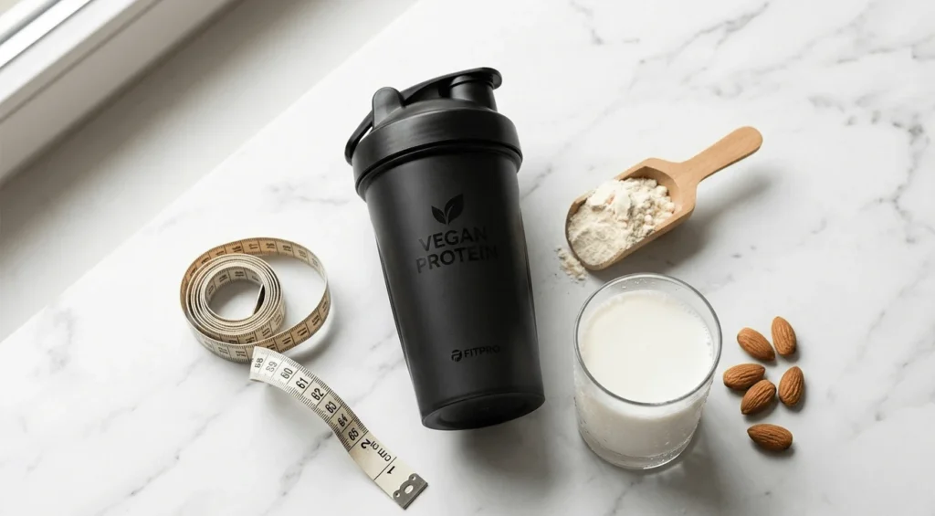 A scoop of whey protein powder next to a glass of protein shake on a marble surface, representing a guide to what whey protein is and its benefits.