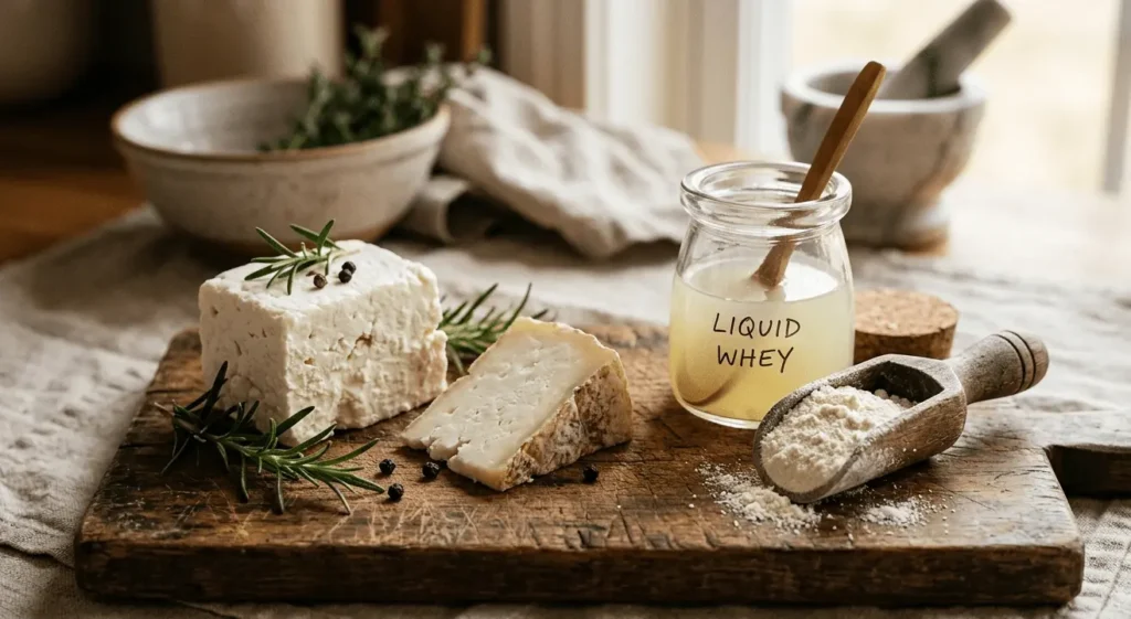 what is whey protein , Cheese and liquid whey on a wooden board illustrating how whey protein is extracted during cheese production