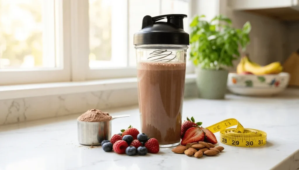 protein powder for weight loss ,: A glass shaker bottle of chocolate protein shake with a scoop of powder, berries, almonds, and a measuring tape on a kitchen counter.