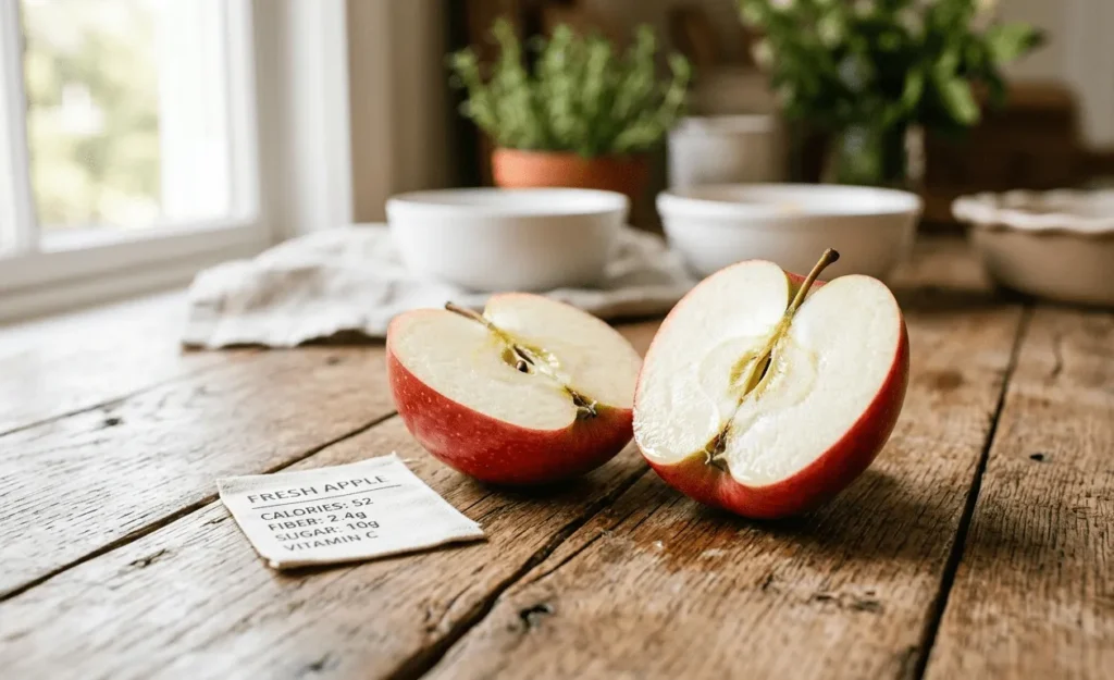 How much calories in apple – sliced fresh apple showing calorie and nutrition facts