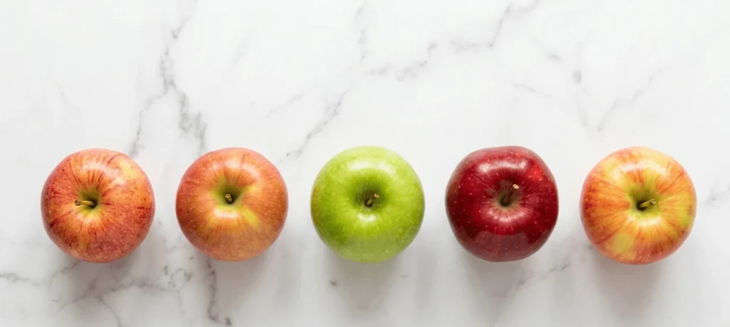  how much calories in apple ,Different apple varieties and their calorie count compared side by side"