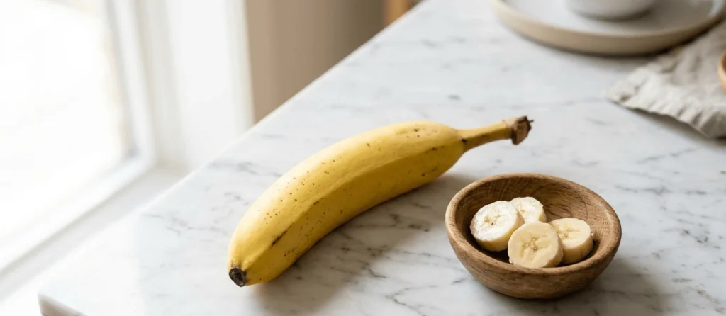 One banana calories and nutrition — fresh ripe banana on a white countertop