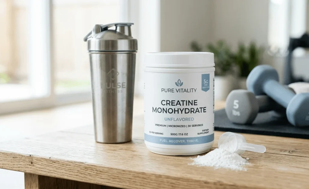 Naturaltein Creatine supplement tub with scoop and shaker bottle on a wooden surface for muscle strength and recovery