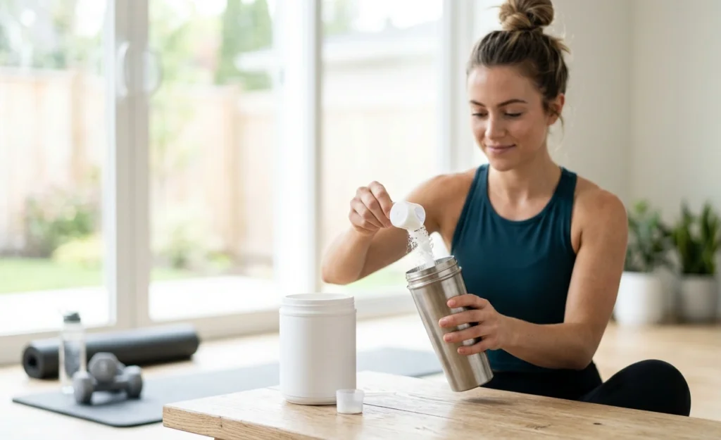 Naturaltein creatine ,Mixing Naturaltein Creatine powder into a shaker bottle before a workout