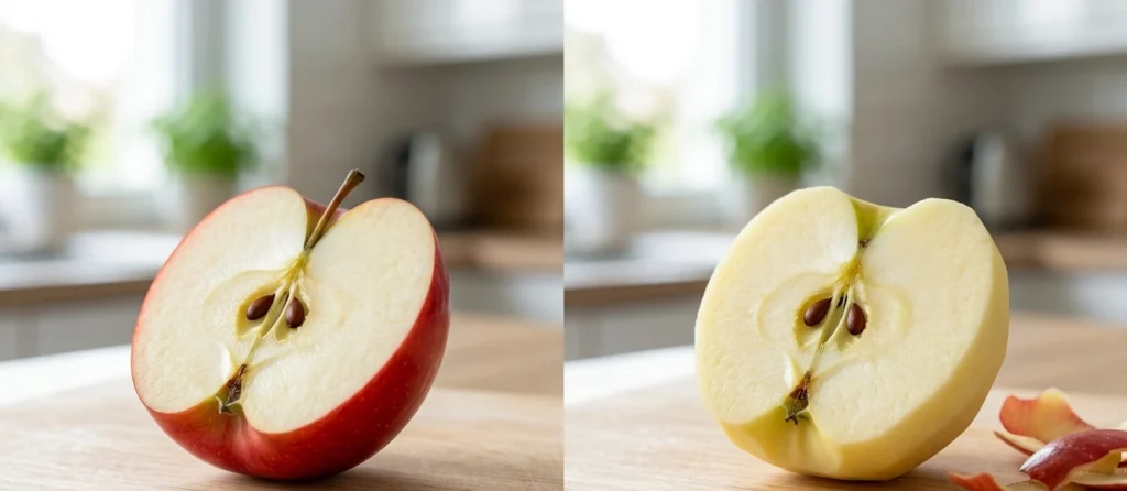 "How much fiber in apple with skin vs peeled apple comparison on a cutting board"