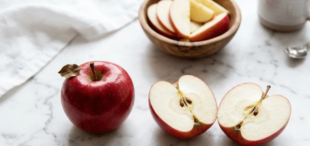 How much fiber in apple – sliced fresh apple showing skin and flesh on a kitchen countertop"