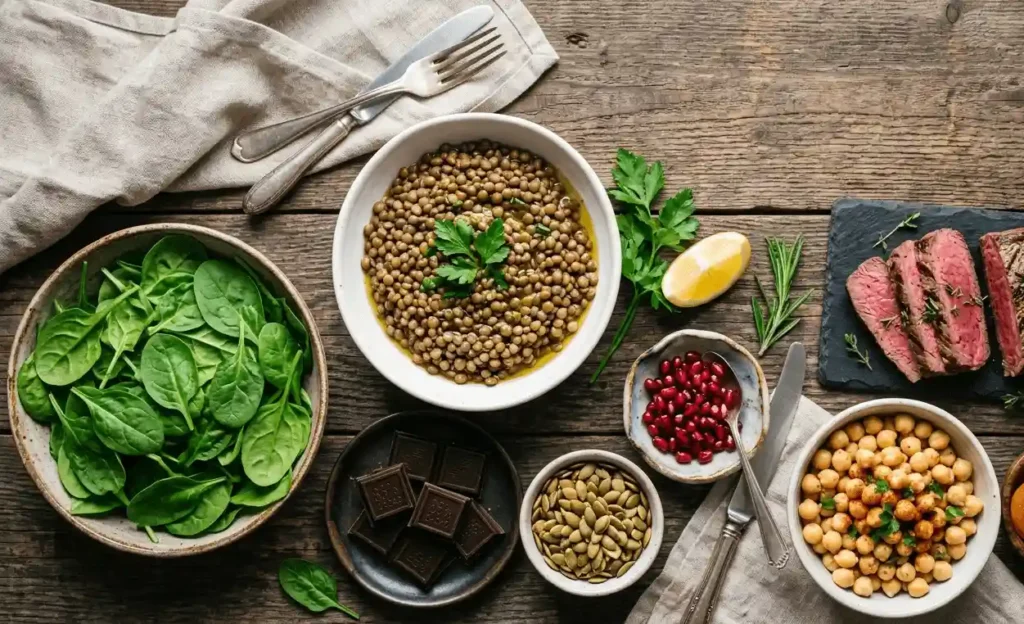 Assortment of iron rich foods for women including spinach, lentils, dark chocolate, and pumpkin seeds on a wooden table