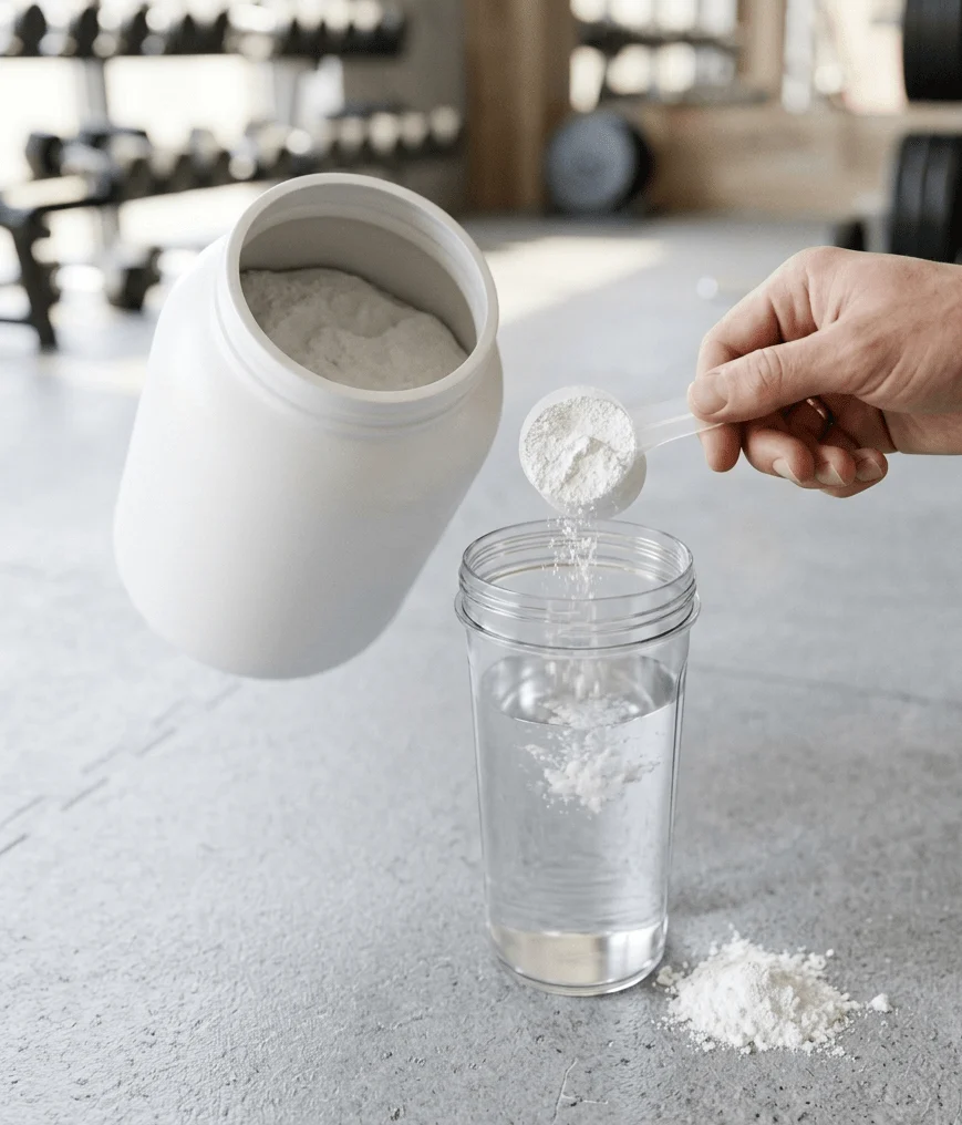 "Scooping Nutrabay Creatine powder into a shaker bottle for daily dosage"