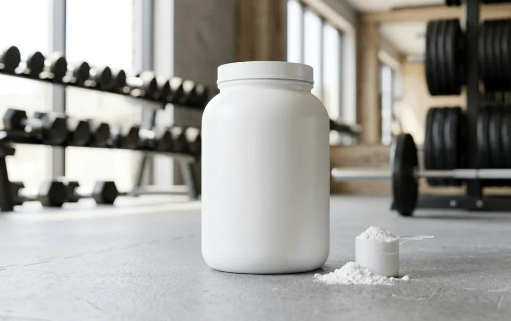 "Nutrabay Creatine powder tub with scoop on a gym surface, showing a creatine monohydrate supplement for strength training"