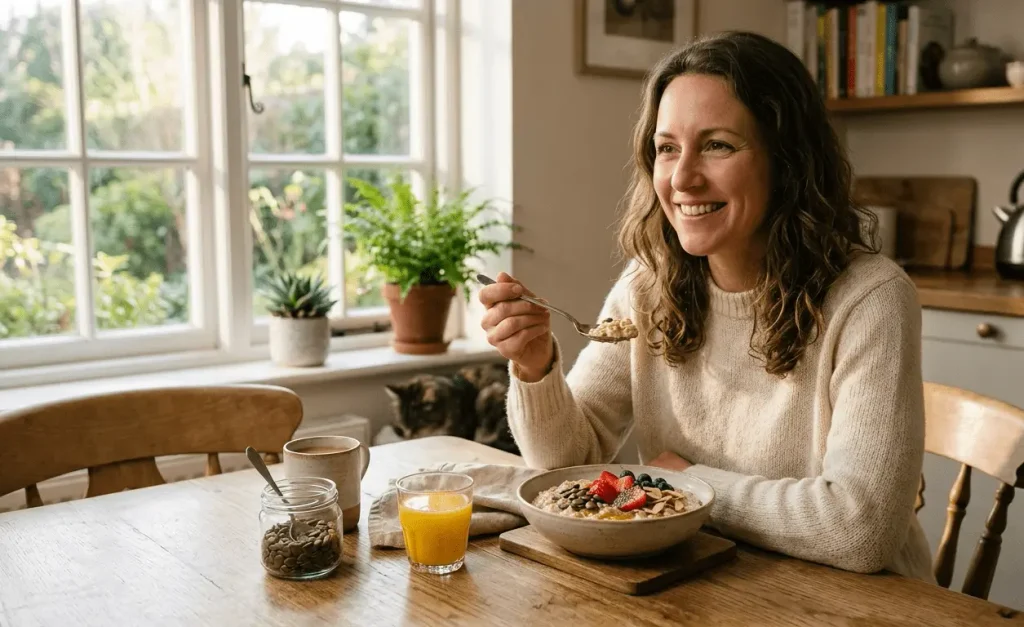 Woman eating a breakfast bowl with pumpkin seeds and strawberries, part of a daily iron rich foods for women meal plan